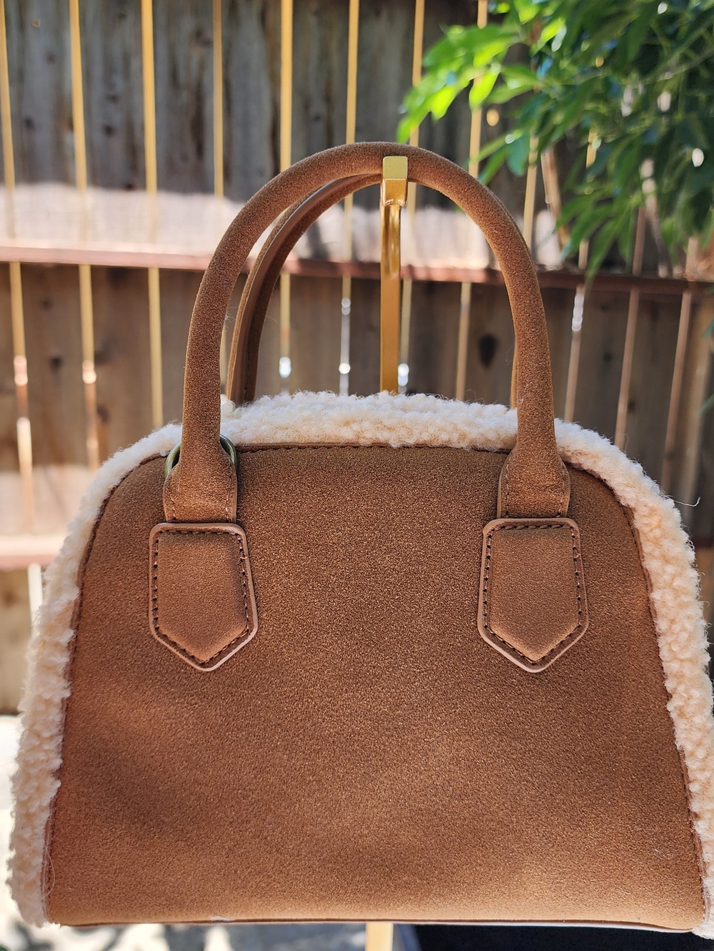 Frye and Co Core Satchel Bag Cognac Brown Faux Suede Sherpa Trim NWT - Picture 3 of 10